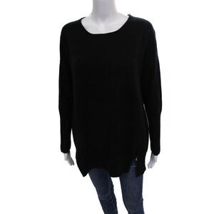 Qi Cashmere Women Pullover Sweater Black Round Neck Long Sleeve Size M